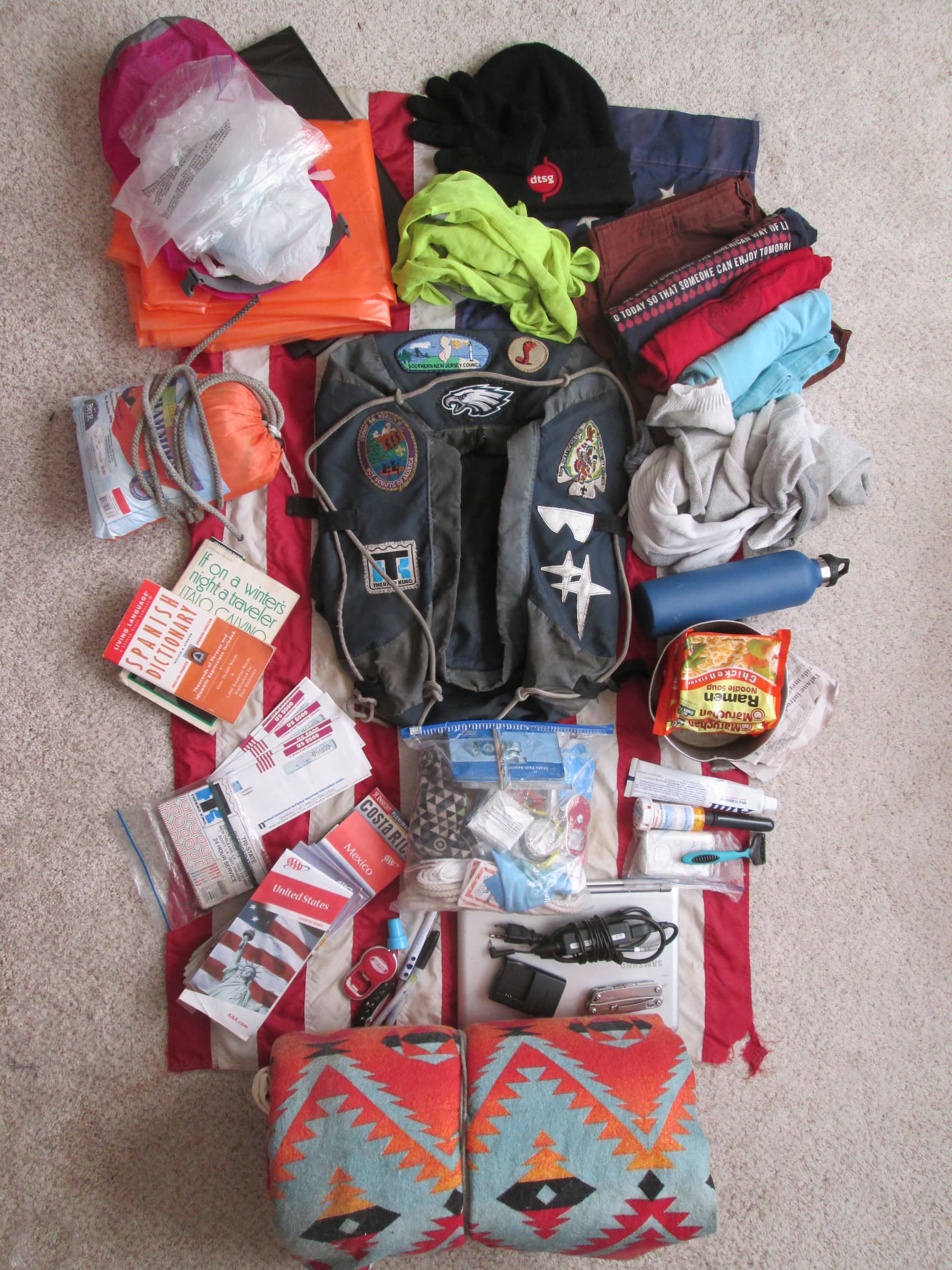 My backpack and contents laid out before the trip