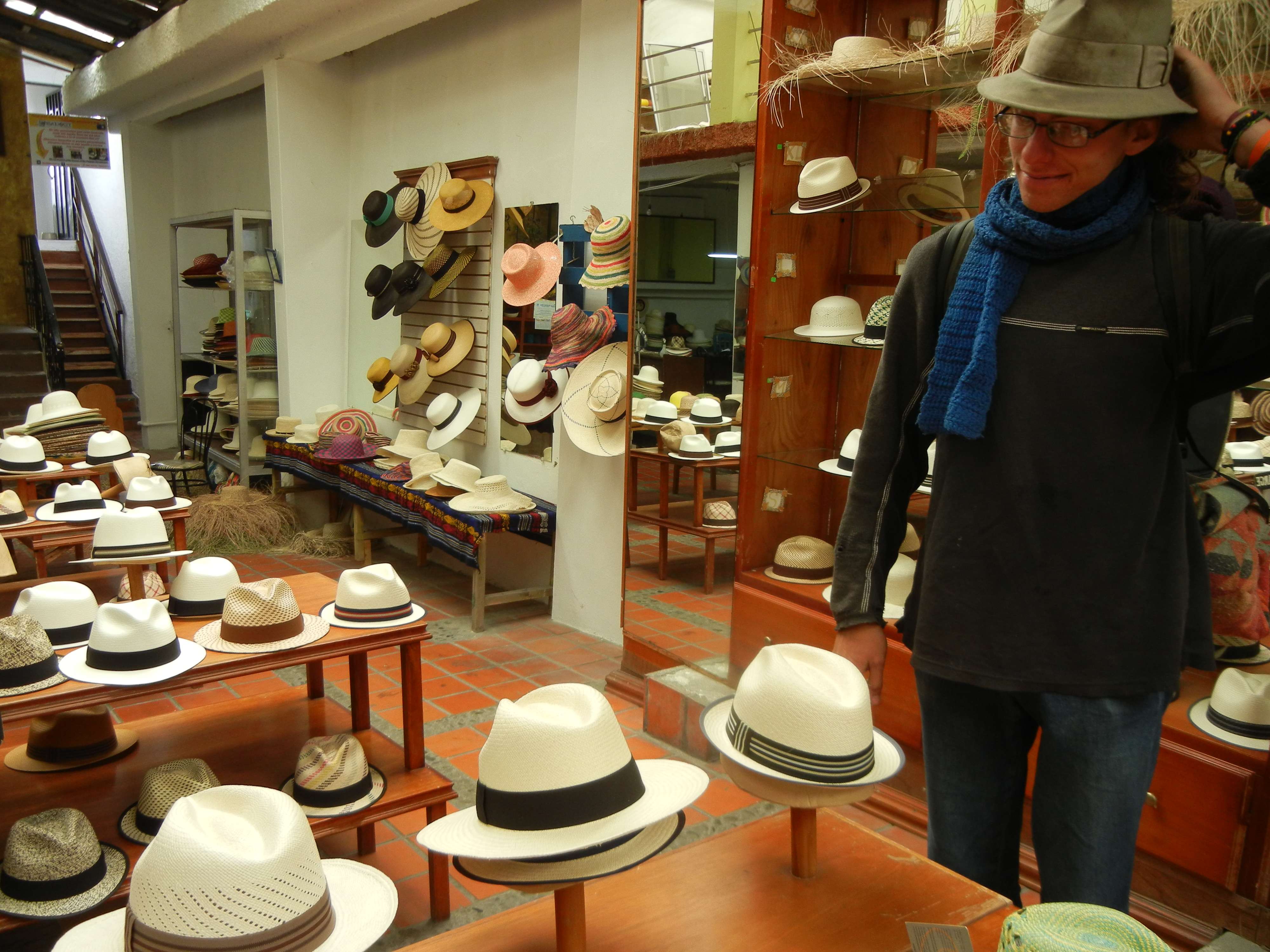 Me trying on new hats in the Panama Hat Museum